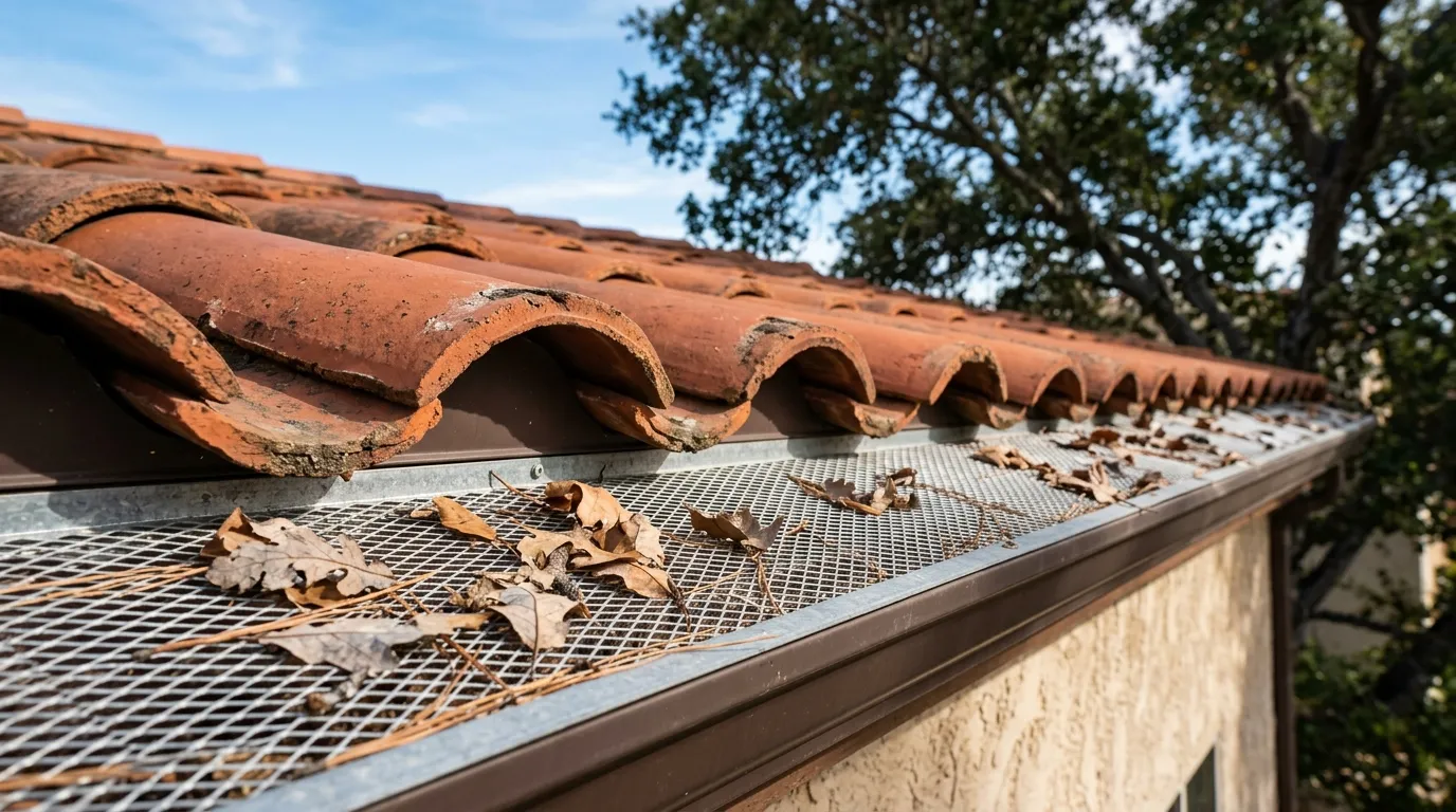 Metal mesh gutter guard installed on a San Diego terracotta tile-roof home