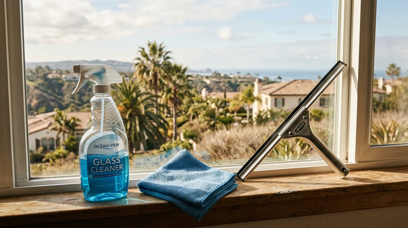 A glass cleaner spray bottle, blue microfiber cloth, and squeegee on a sunny San Diego windowsill