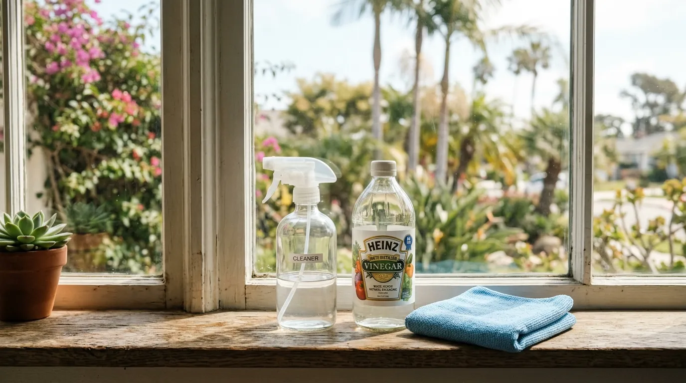 A clear spray bottle and a bottle of white vinegar beside a folded microfiber cloth on a kitchen windowsill