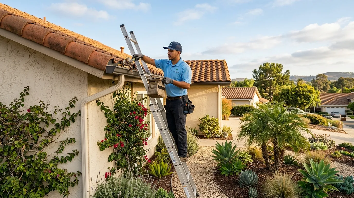 A technician on a ladder cleaning debris from a San Diego home rain gutter
