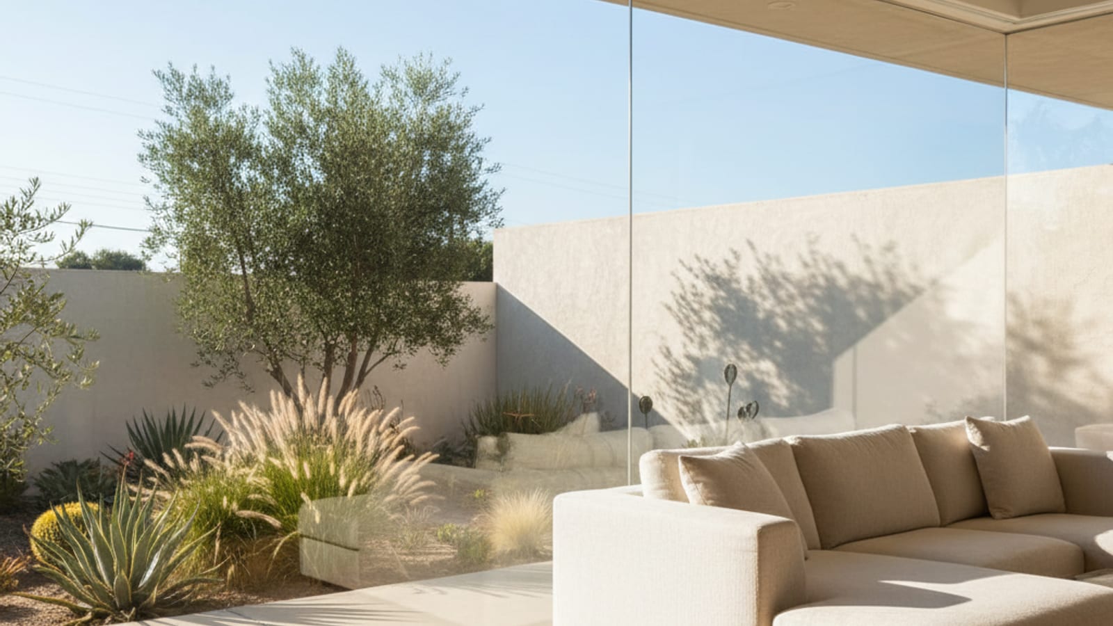 Bright interior view of a San Diego home through a freshly-cleaned large window with sunlight spilling onto the floor
