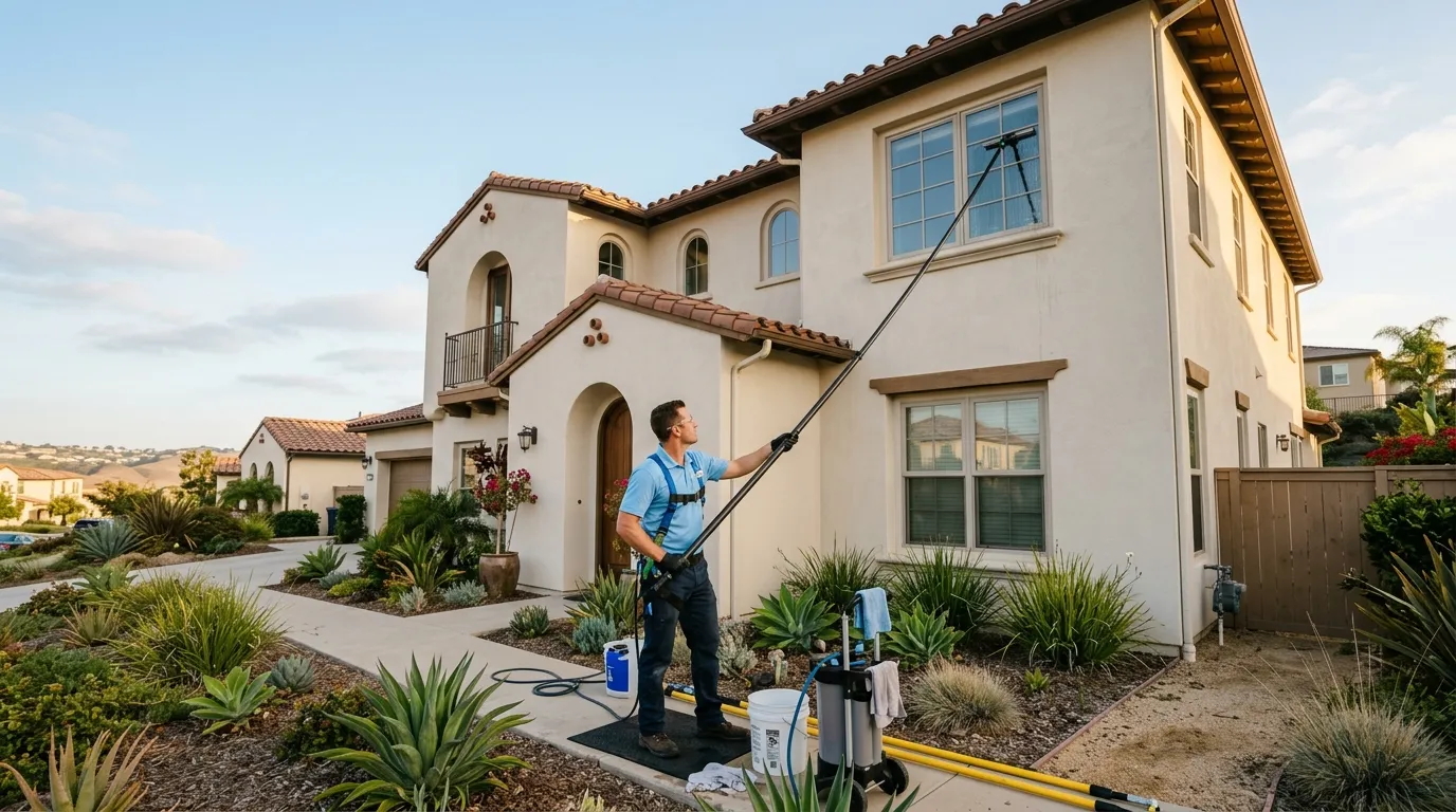 A technician safely cleaning high windows from the ground using an extension pole