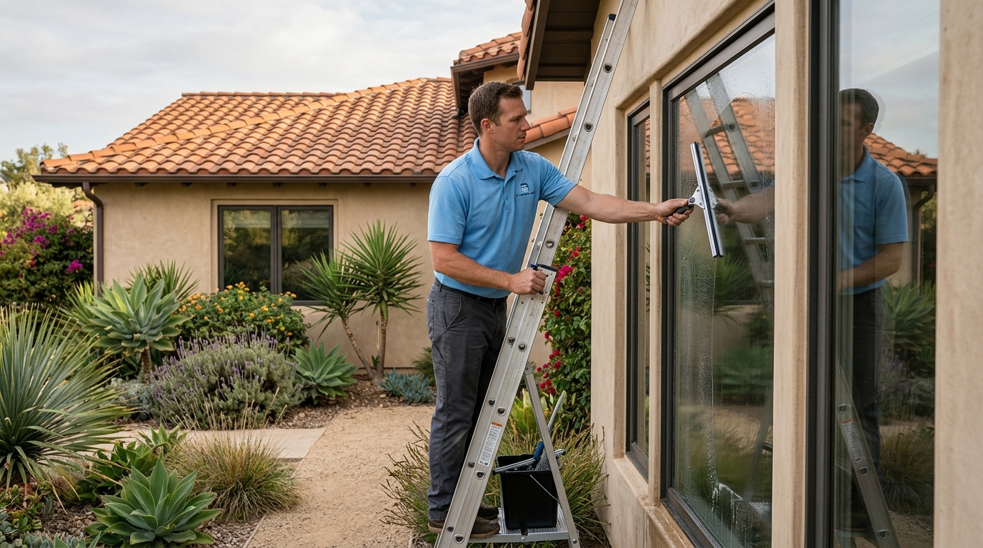 A window cleaning technician pulling a clean streak down a residential window with a squeegee on a San Diego home