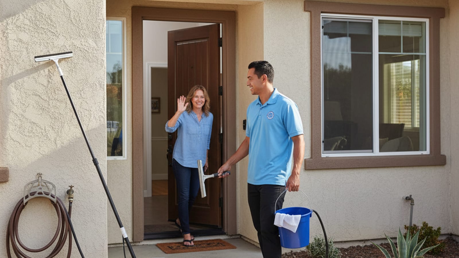 Window cleaning technician greeting a familiar homeowner at the front door with a bucket in hand for a scheduled quarterly visit