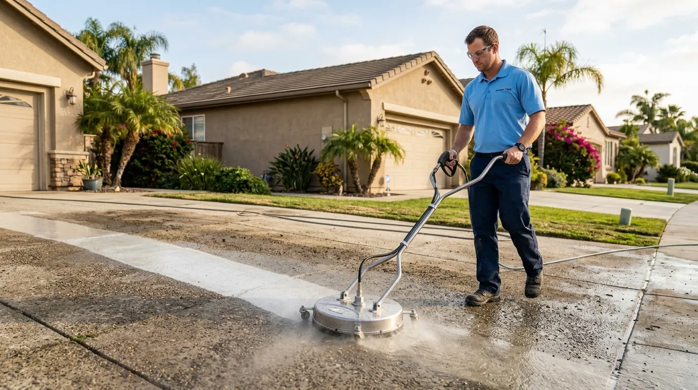 A technician pressure washing a concrete driveway with a surface cleaner