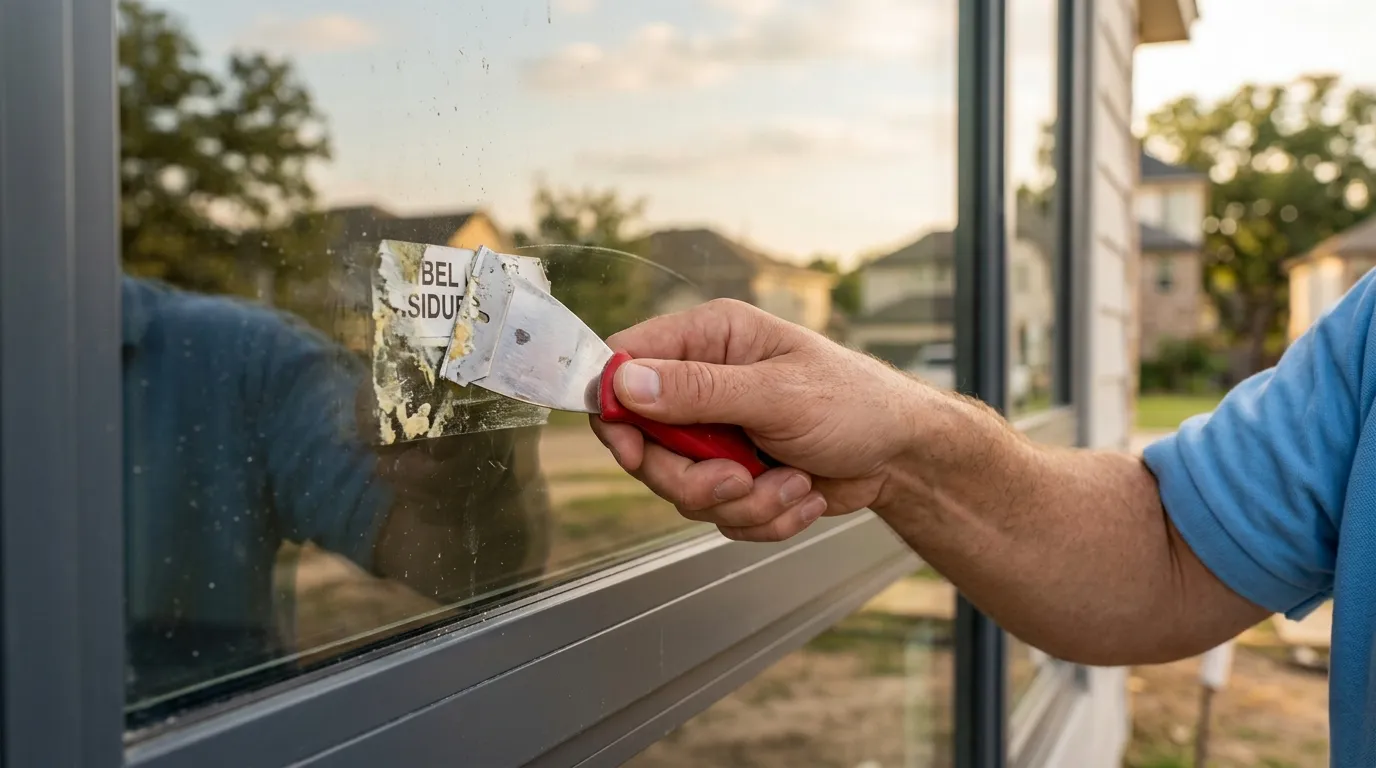 A hand holding a flat razor scraper removing sticky residue from a window pane