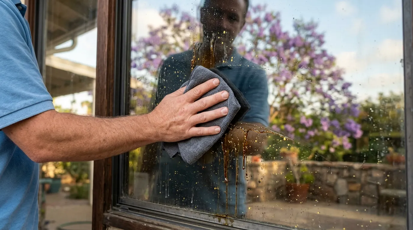 A hand wiping tree sap and pollen off a window with a microfiber cloth