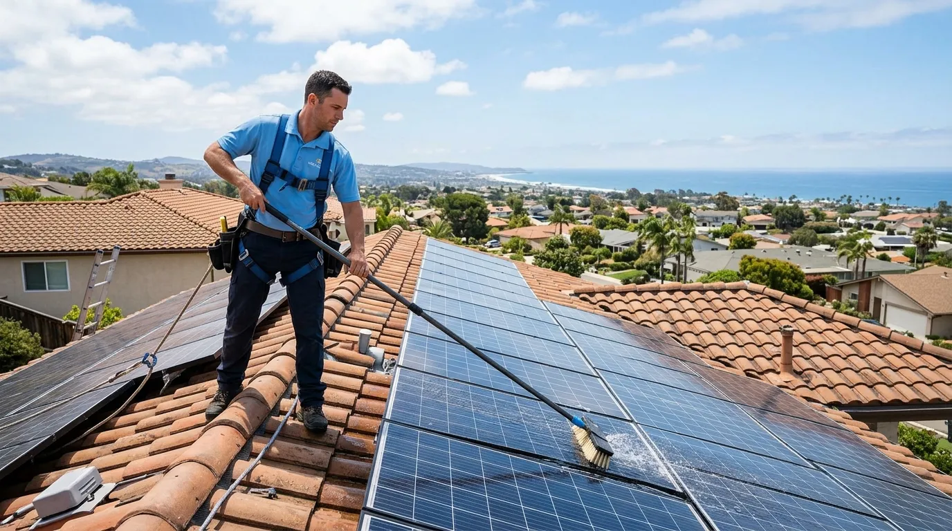 A technician on a residential rooftop cleaning solar panels with a water-fed brush