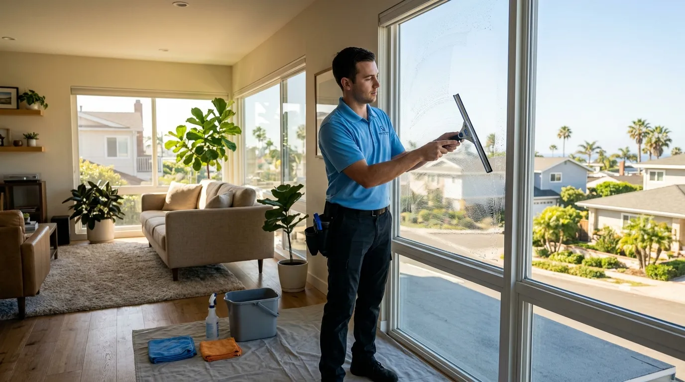 A technician cleaning the interior of a residential window with a squeegee