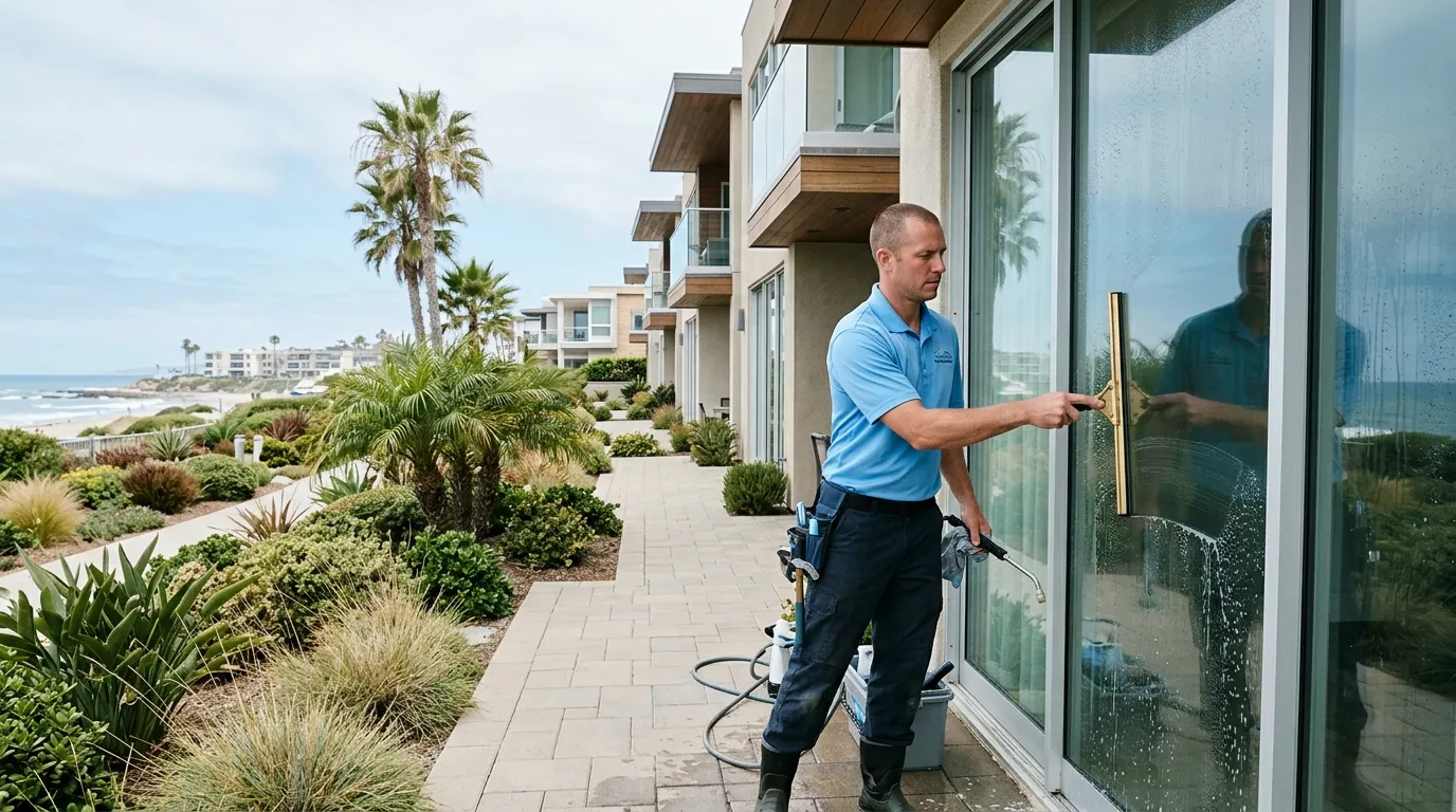 A technician cleaning exterior windows of a modern San Diego condominium building