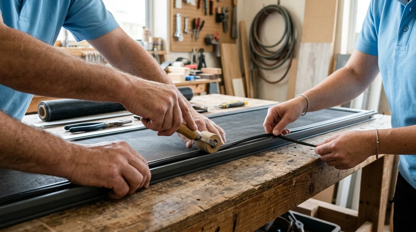 Hands re-screening an aluminum window frame using a spline roller