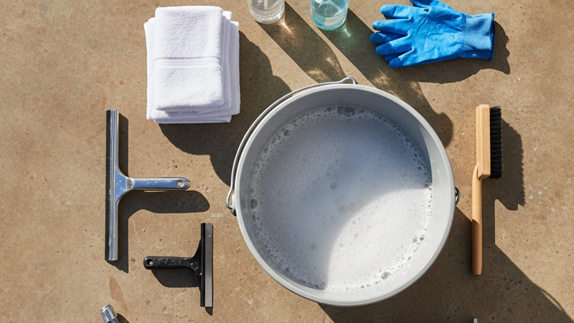 Overhead flat-lay of professional window cleaning equipment including squeegees, microfibers, bucket, and a water-fed pole on a neutral surface