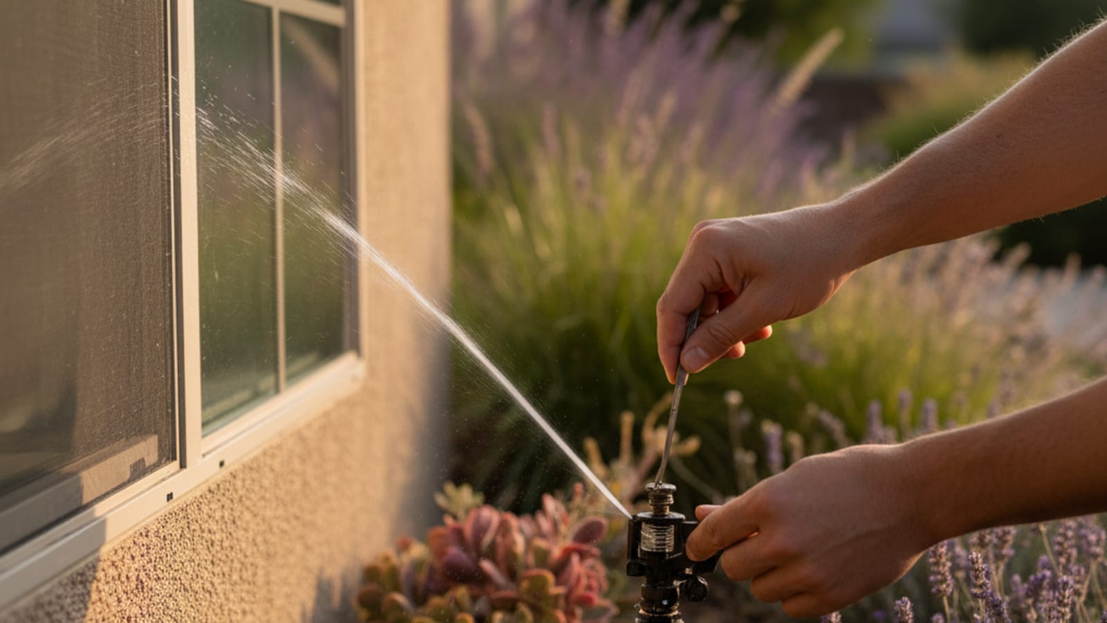 Adjustable sprinkler head being aimed downward away from a residential window to prevent hard water overspray