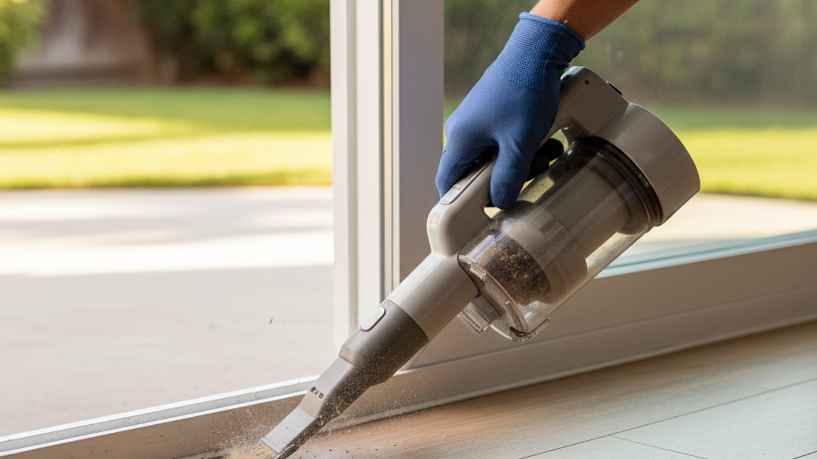 Close-up of a handheld vacuum attachment removing dust and debris from a sliding-door window track