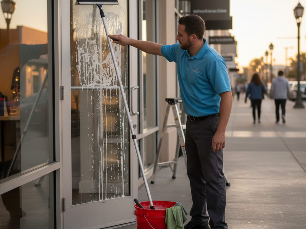 Window cleaner wiping a storefront window with a squeegee at a strip mall