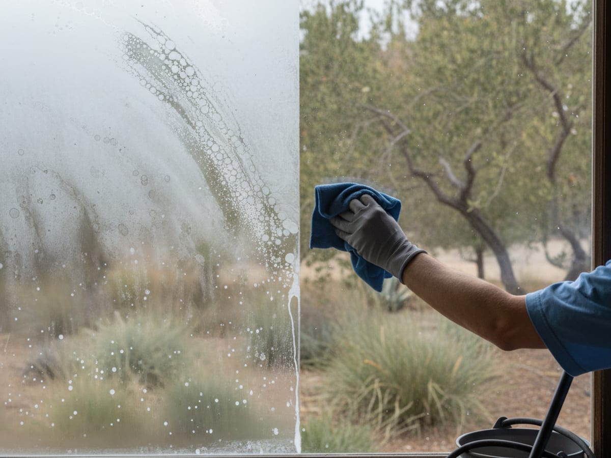 Before-and-after of a window pane with half hard-water stains removed and half still cloudy