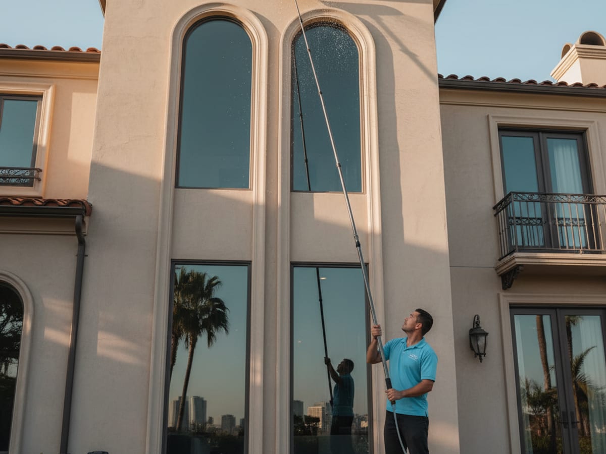 Technician using a long carbon-fiber water-fed pole to clean third-story windows from the ground