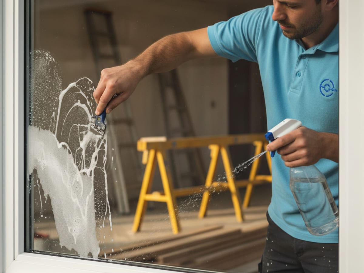 Window cleaning technician scraping paint overspray off a new-build window with a proper blade