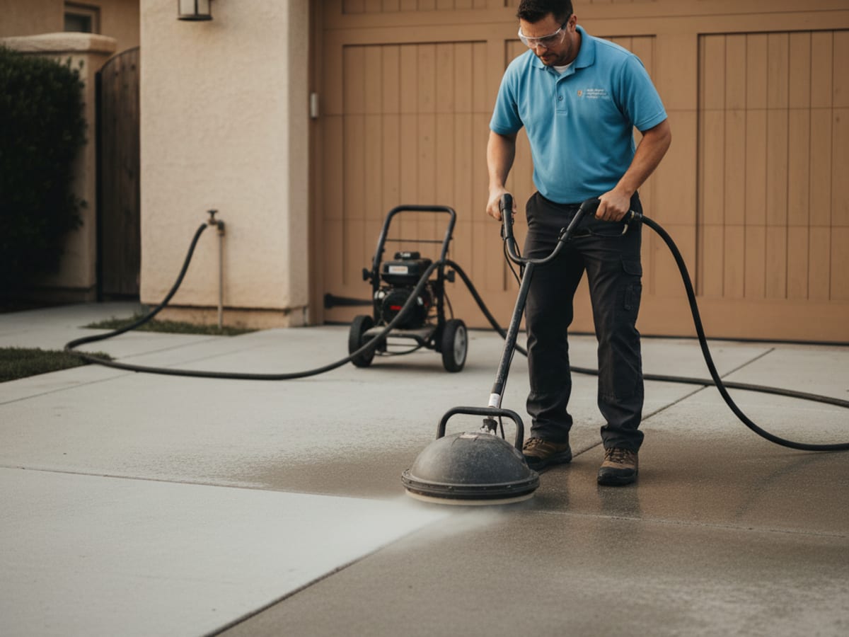 Technician using a pressure washer to clean an oil-stained concrete driveway