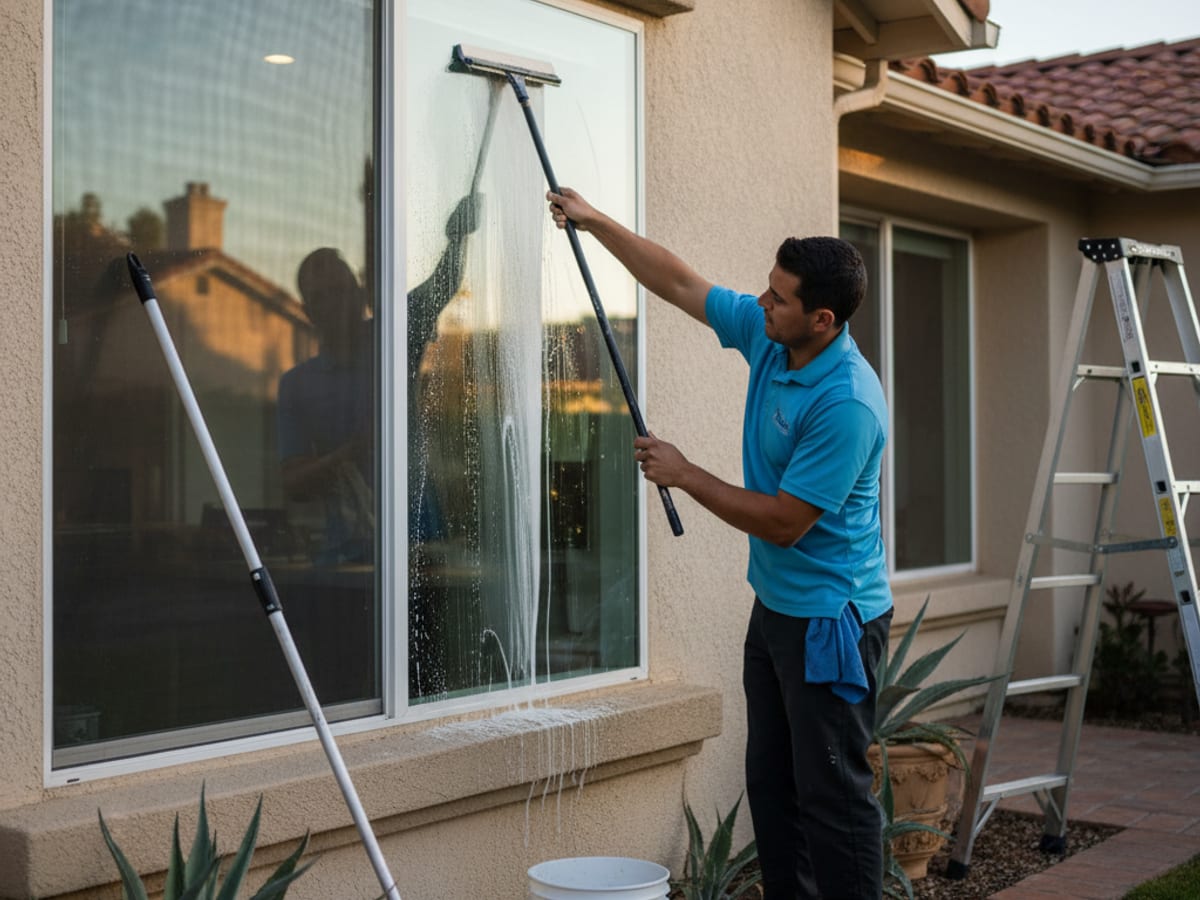 Window cleaning technician in sky blue polo squeegeeing a kitchen window from outside