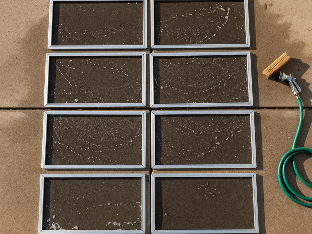 Window screens laid out on a residential driveway drying after a soapy wash