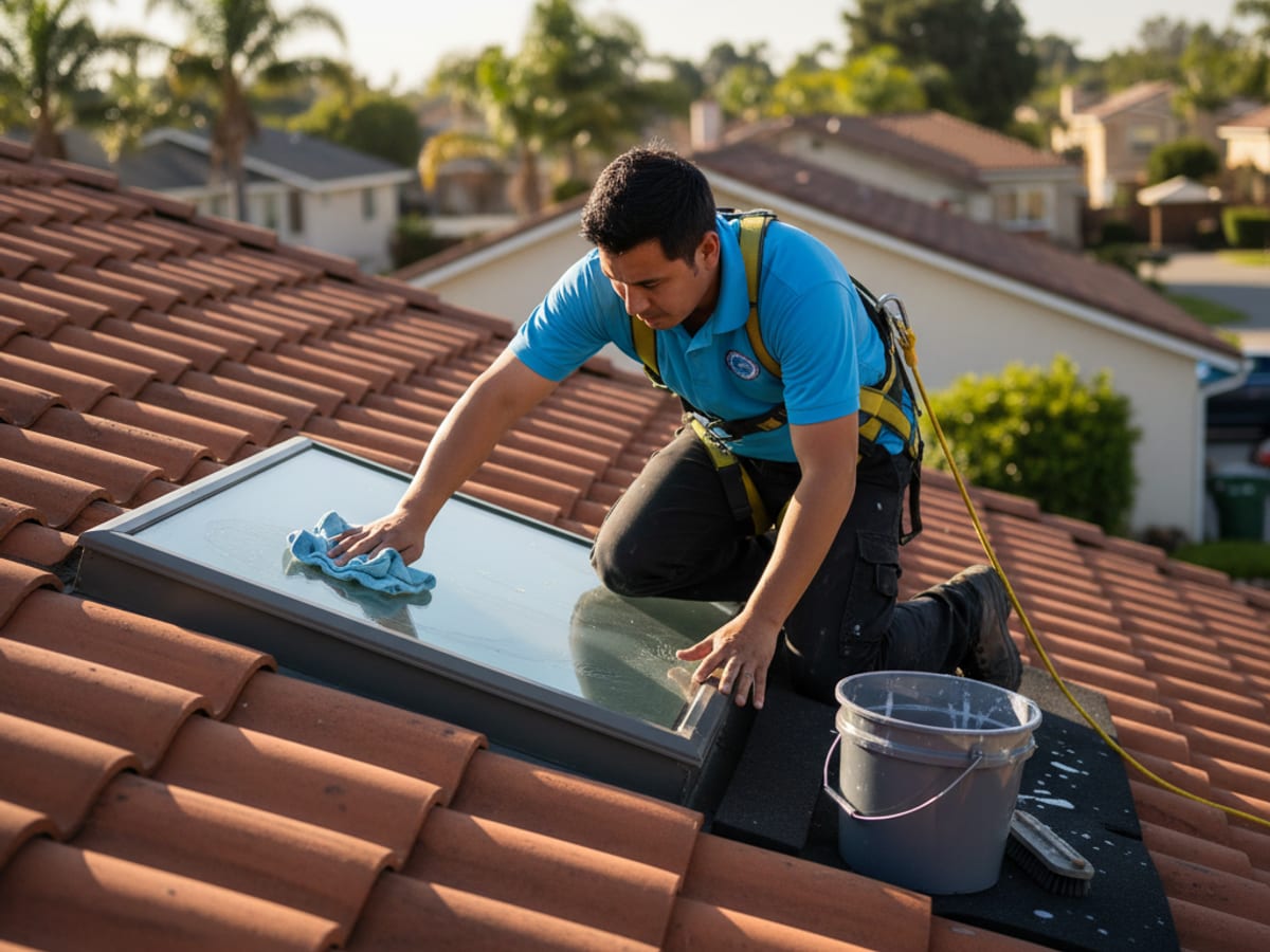 Window cleaner on a roof gently washing a residential skylight with a microfiber cloth