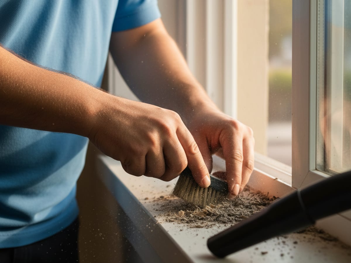 Close-up of a hand using a detail brush to clean a sliding window track